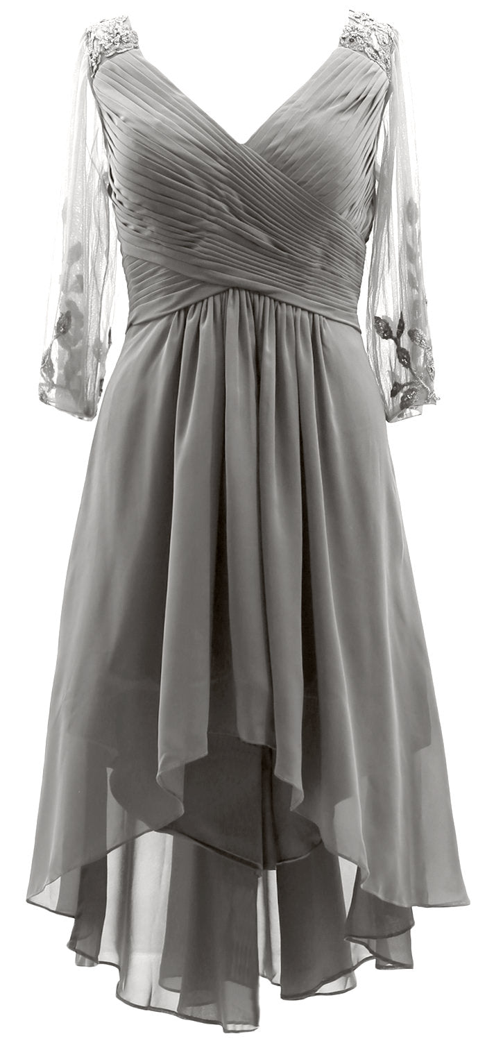 MACloth Damen Abendkleid mit V-Ausschnitt, High Low, für die Brautmutter, mit Ärmeln