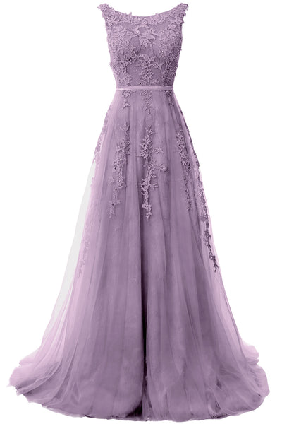 MACloth Lace Prom Dresses Boat Neck Sleeveless Lace Wedding Formal Evening Gown