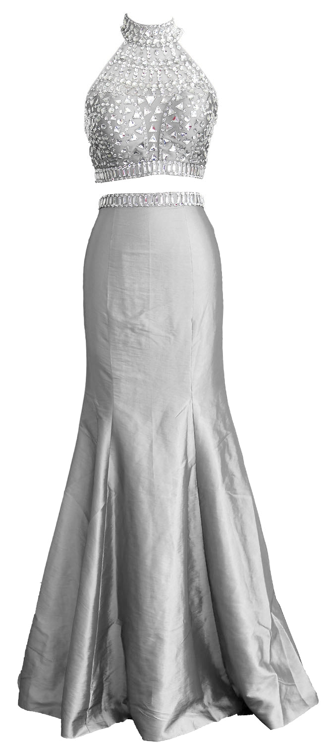 MACloth Damen Meerjungfrau Zweiteiliges Ballkleid mit hohem Halsausschnitt aus Taft, lang, formelles Kleid