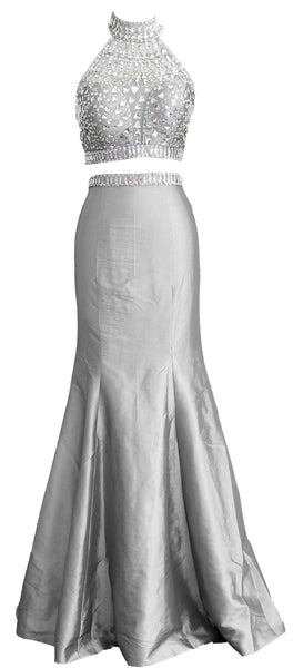 MACloth Women Mermaid Two Piece High Neck Taffeta Long Prom Dress Formal Gown