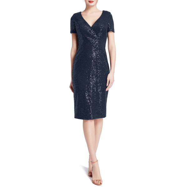MACloth Women V Neck Short Sleeves Knee Length Sequin Casual Cocktail Dresses