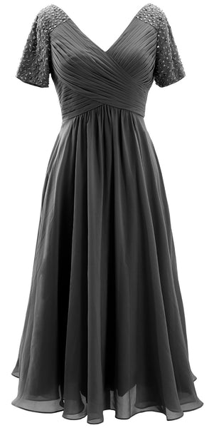 MACloth Women Midi Mother Bride Dresses Short Sleeves Wedding Guest Tea Length