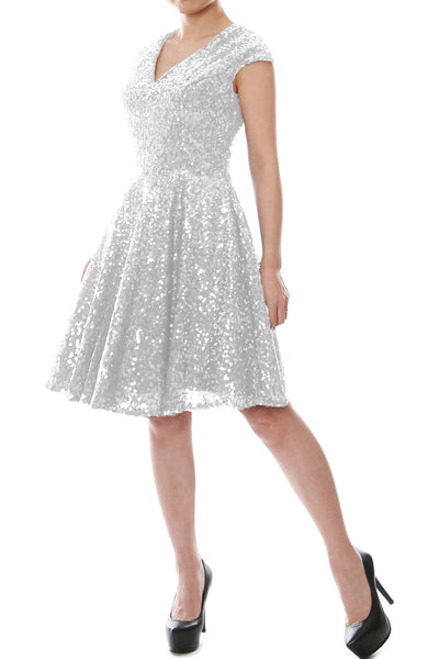 MACloth Women Cap Sleeve Party Formal Gown V Neck Sequin Short Bridesmaid Dress