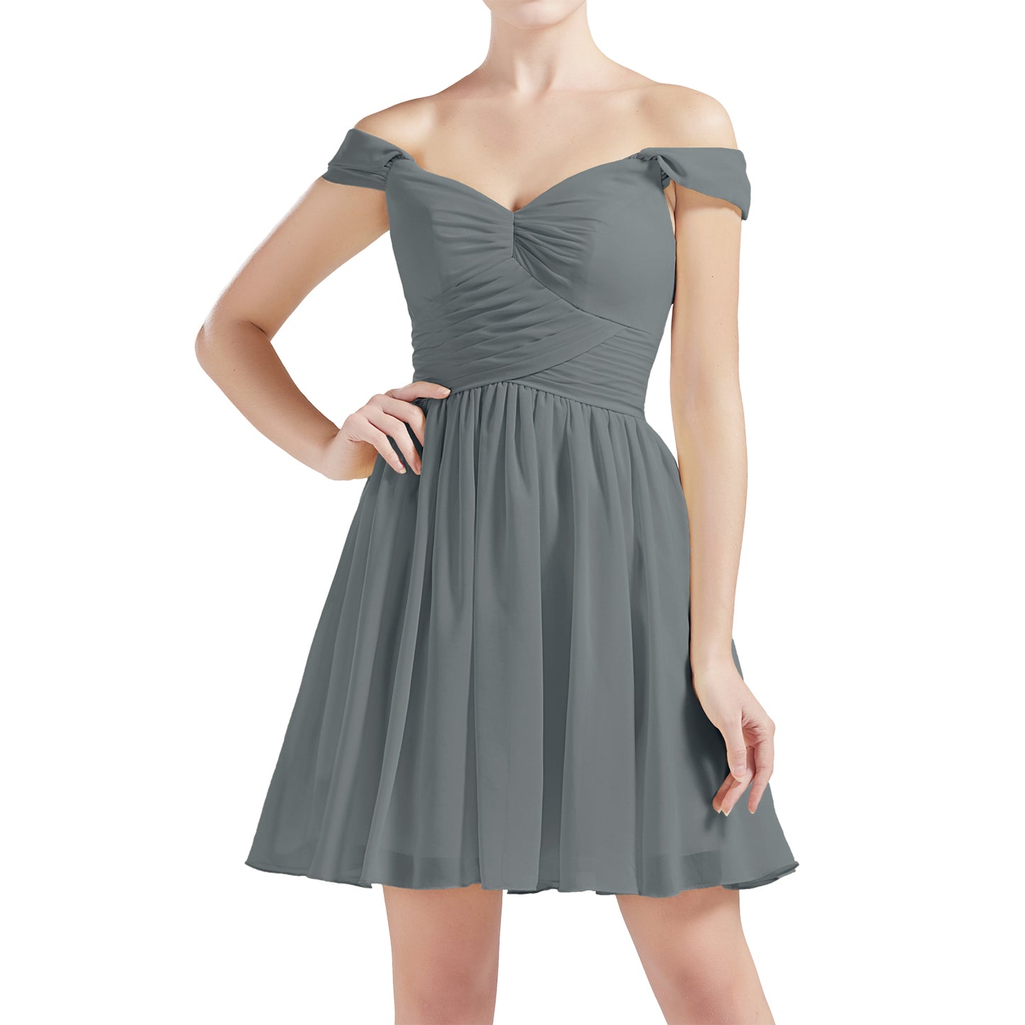 MACloth Damen Schulterfrei Kurze Chiffon Brautjungfernkleider Hochzeit Party BD MoH