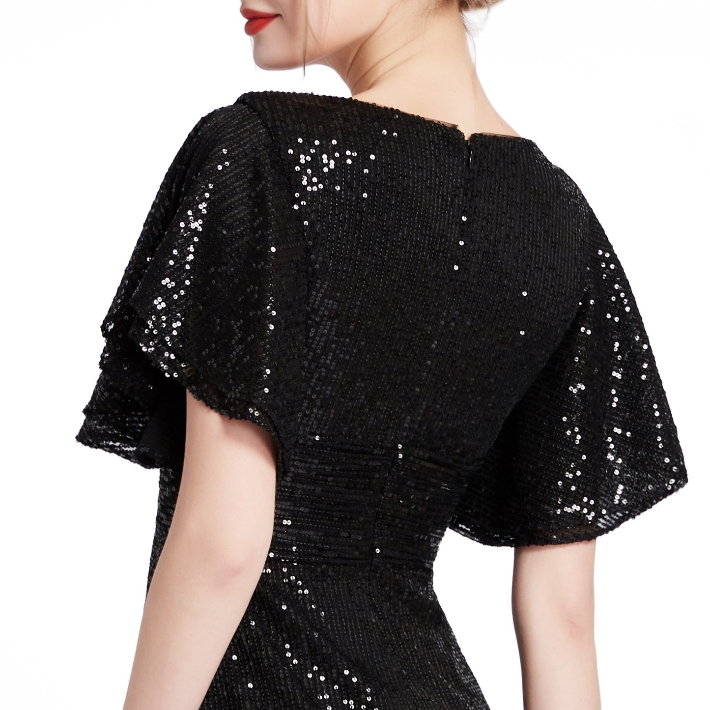 MACloth - Vestidos de cóctel de corte imperio con lentejuelas, escote en V, mangas de ángel con volantes y cortos para mujer