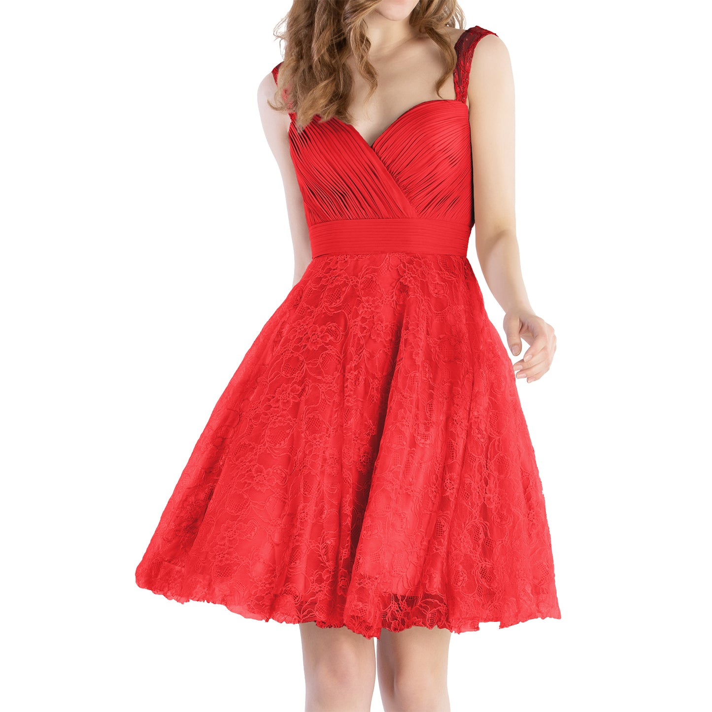 MACloth Women Sweetheart Pleated Lace Short Wedding Party Bridesmaid Dresses LBD