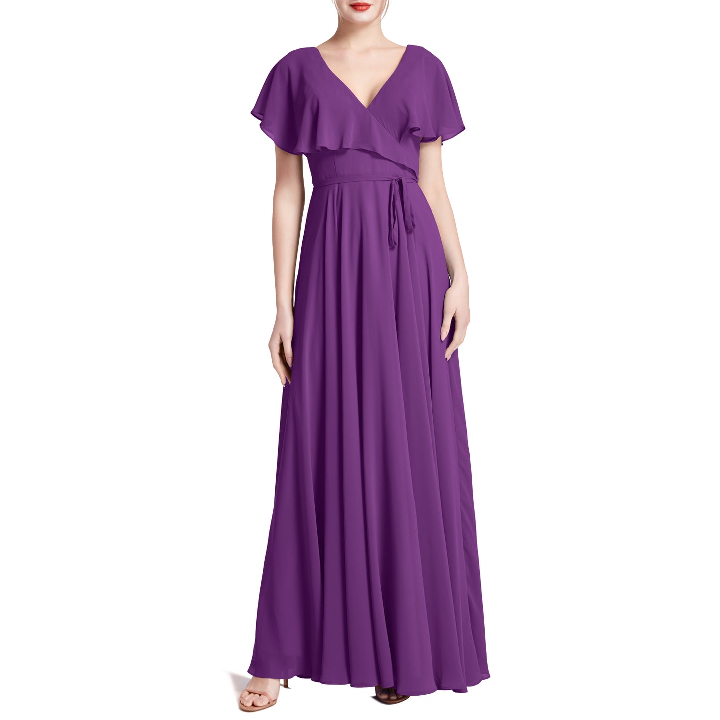 MACloth Women V Neck Ruffle BatWing Short Sleeve Maxi Wedding Bridesmaid Dresses