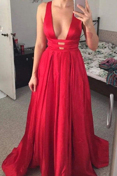 MACloth Straps V Neck Satin Ball Gown Long Prom Dress Red Formal Gown