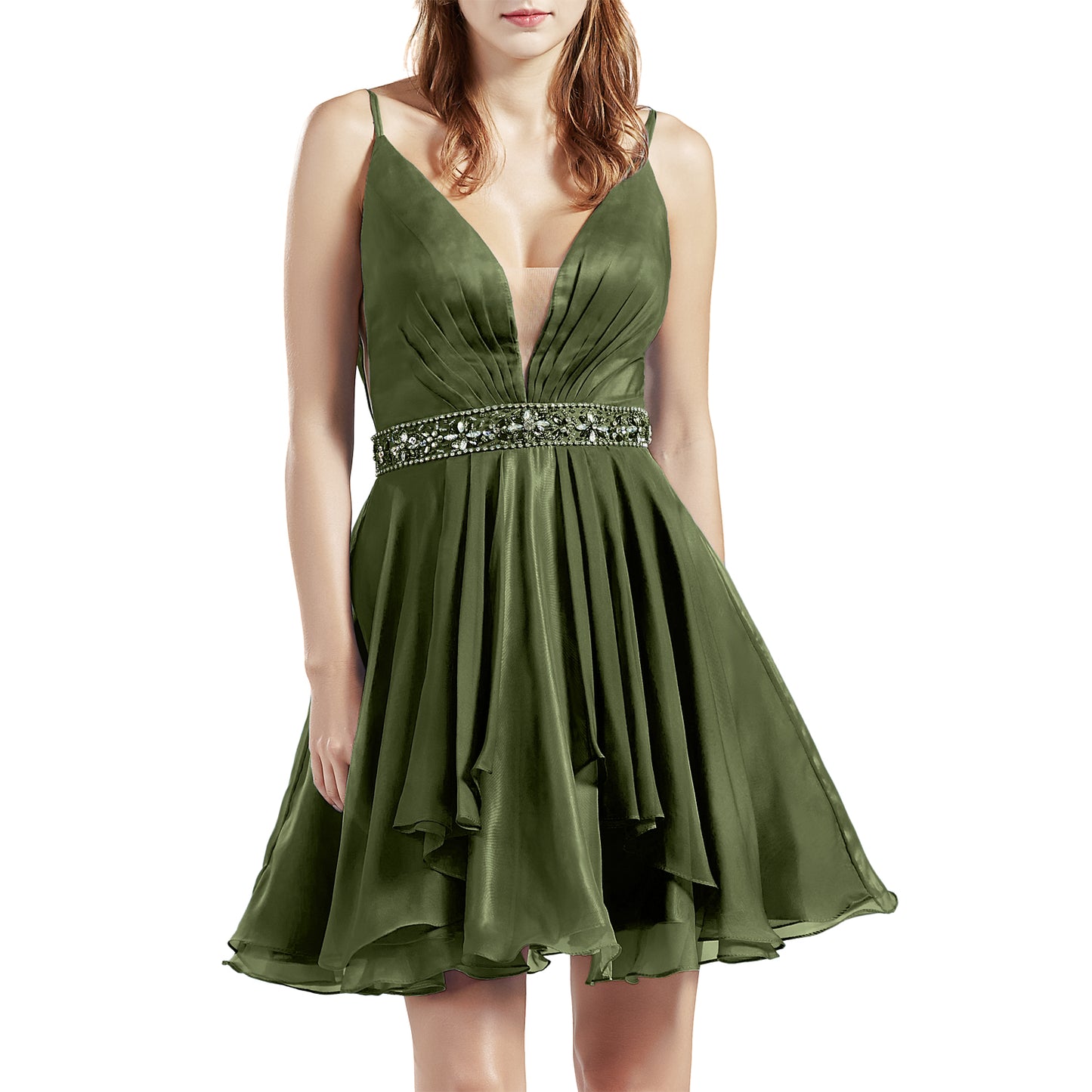 MACloth Women Short V Neck Beading Chiffon Cute Prom Homecoming Dresses Cocktail