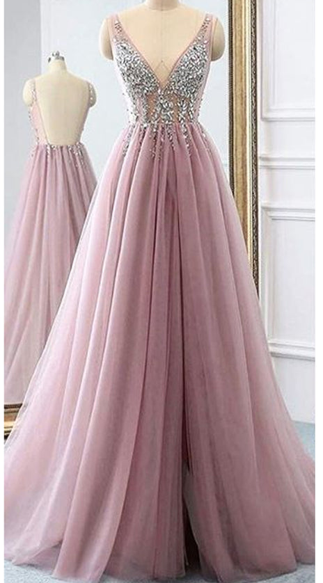 MACloth A Line V Neck Beaded Long Tulle Prom Dress Dusty Pink Formal Evening Gown