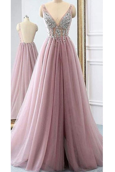 MACloth A Line V Neck Beaded Long Tulle Prom Dress Dusty Pink Formal Evening Gown