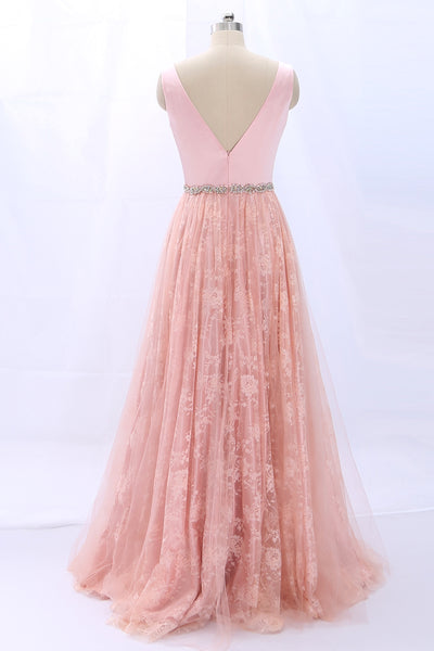 MACloth Straps V Neck Lace Satin Pink Prom Dress Formal Evening Gown