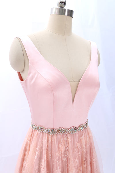 MACloth Straps V Neck Lace Satin Pink Prom Dress Formal Evening Gown