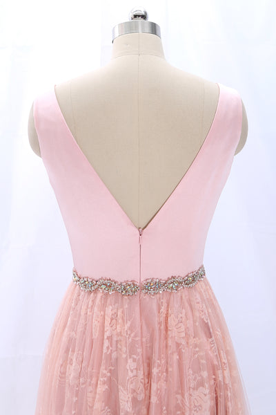 MACloth Straps V Neck Lace Satin Pink Prom Dress Formal Evening Gown