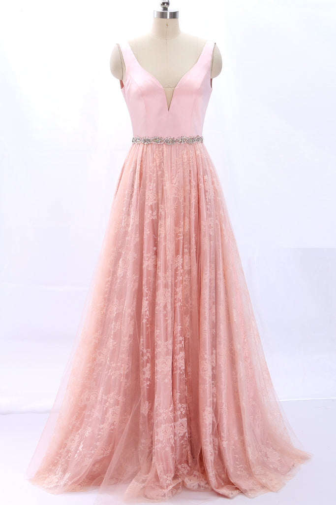 MACloth Straps V Neck Lace Satin Pink Prom Dress Formal Evening Gown