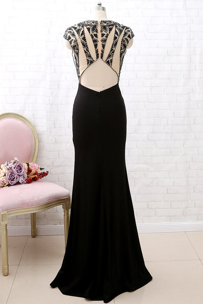 MACloth Cap Sleeves Beaded Sheath Black Prom Dress Luxury Formal Evening Gown