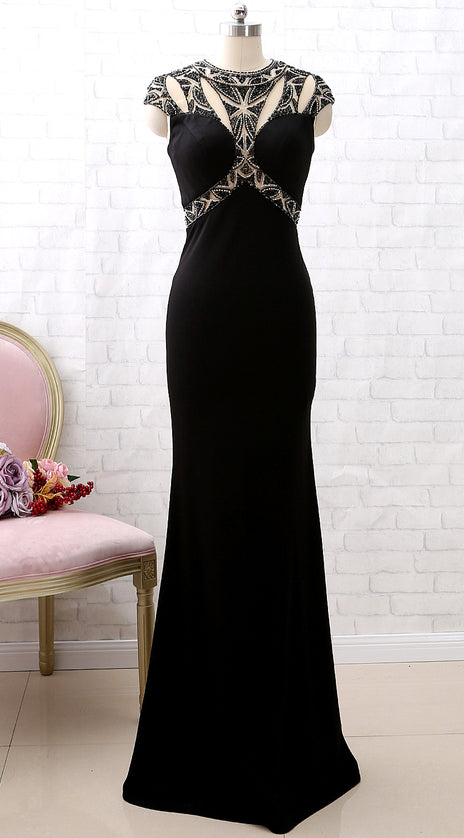 MACloth Cap Sleeves Beaded Sheath Black Prom Dress Luxury Formal Evening Gown