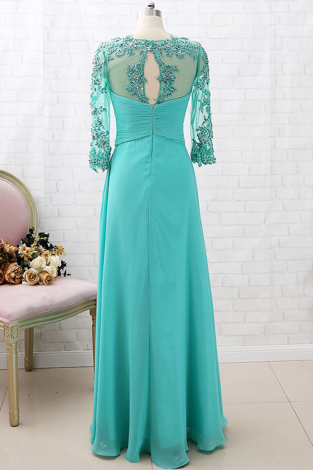 Macloth 3/4 Sleeves Lace Chiffon Long Mother of The Brides Dress Turquoise Evening Gown Custom Color / Above Knee / US14 Macloth 3/4 Sleeves Lace Chiffon Long Mother of The Brides Dress Turquoise Evening Gown Custom Color / Above Knee / US14