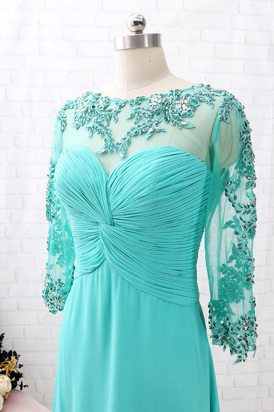 MACloth 3/4 Sleeves Lace Chiffon Long Mother of the Brides Dress Turquoise Evening Gown