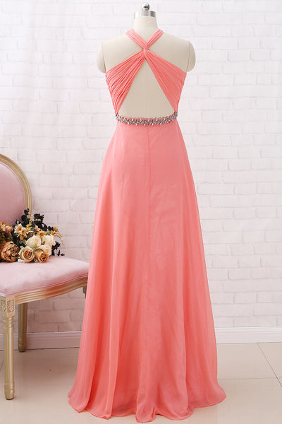 MACloth Halter Crystals Chiffon Long Prom Dresses