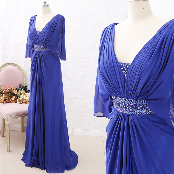 MACloth Short Sleeves V Neck Chiffon Fuchsia Long Formal Evening Gown Mother of the Brides Dress