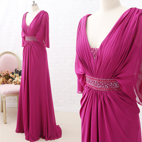 MACloth Short Sleeves V Neck Chiffon Fuchsia Long Formal Evening Gown Mother of the Brides Dress