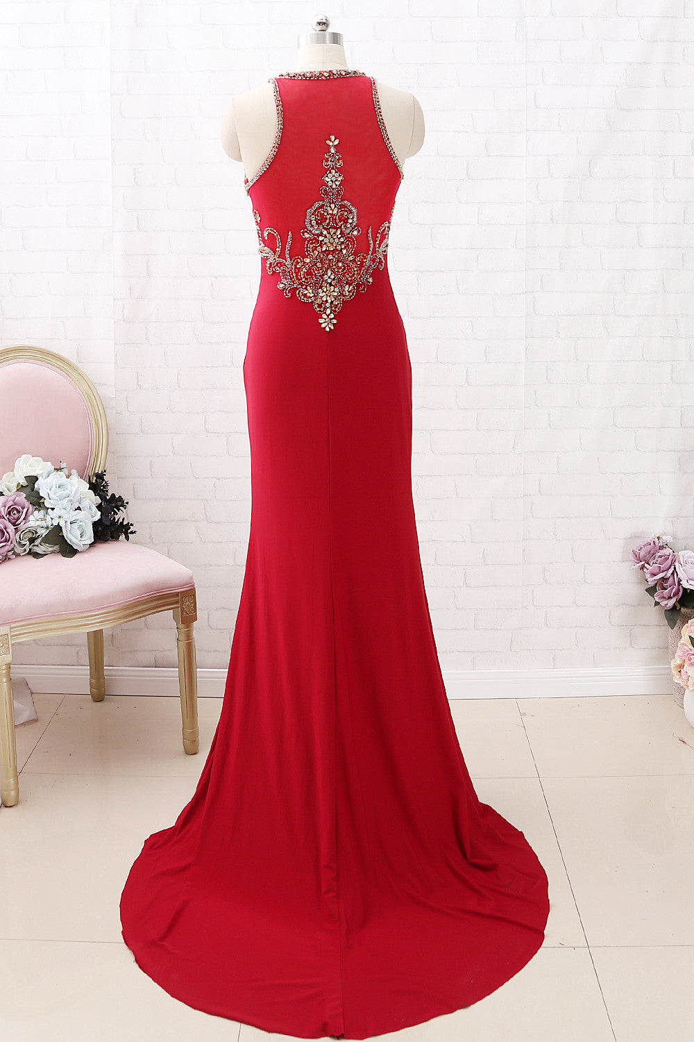 MACloth Träger O-Ausschnitt mit Perlen besetztem Jersey-Ballkleid Burgunderrotes formelles Abendkleid mit Schlitz