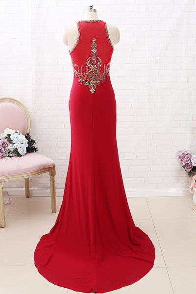 MACloth Straps O Neck with Beaded Jersey Prom Dress Burgundy Formal Evening Gown with Slit