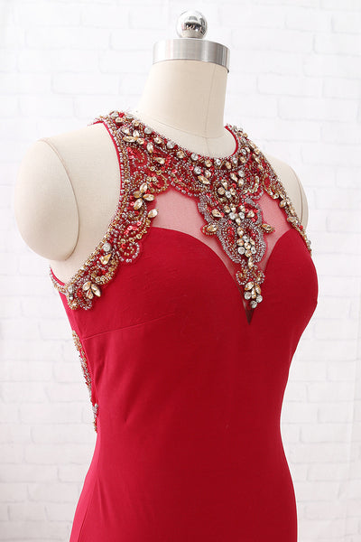 MACloth Straps O Neck with Beaded Jersey Prom Dress Burgundy Formal Evening Gown with Slit