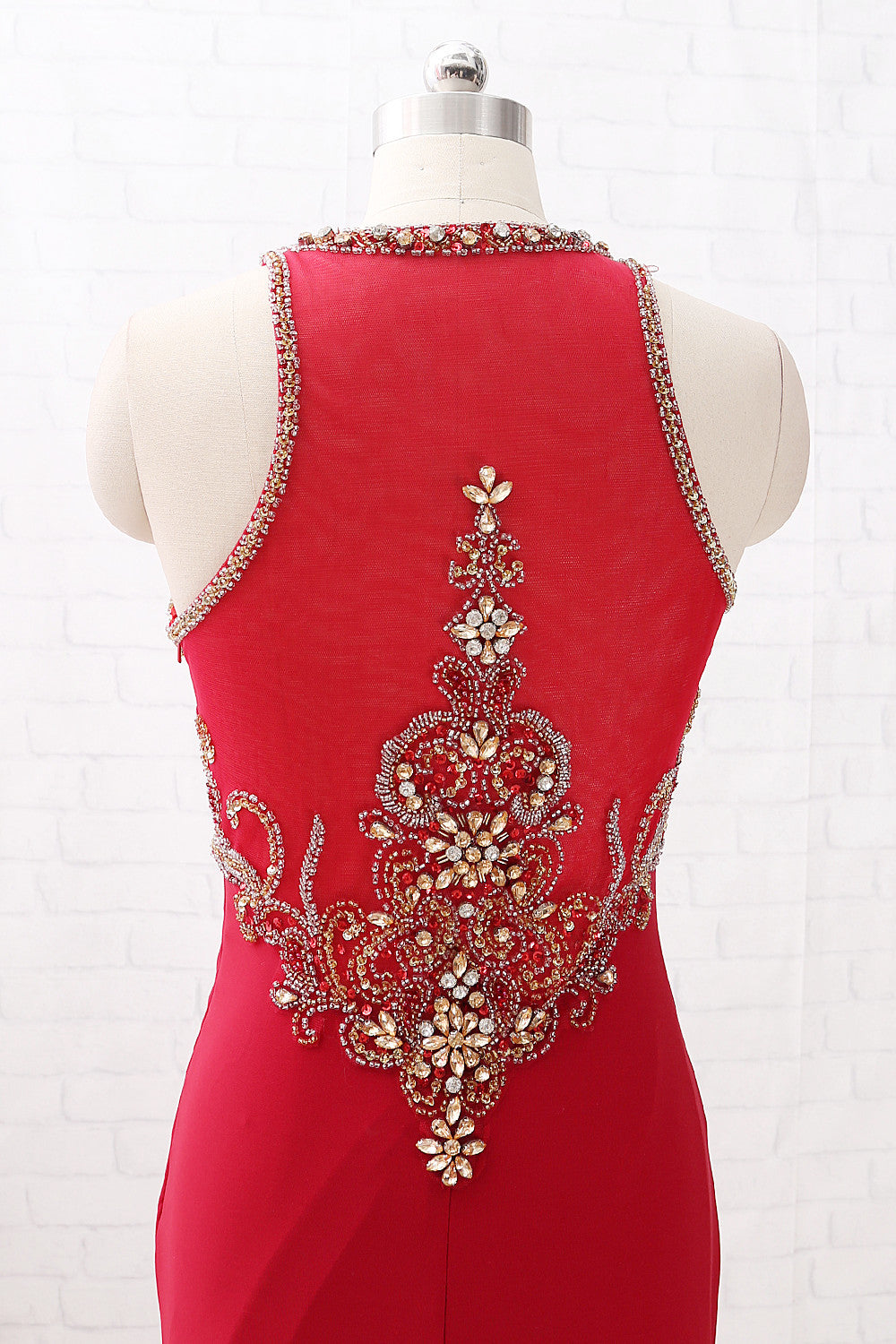 MACloth Träger O-Ausschnitt mit Perlen besetztem Jersey-Ballkleid Burgunderrotes formelles Abendkleid mit Schlitz