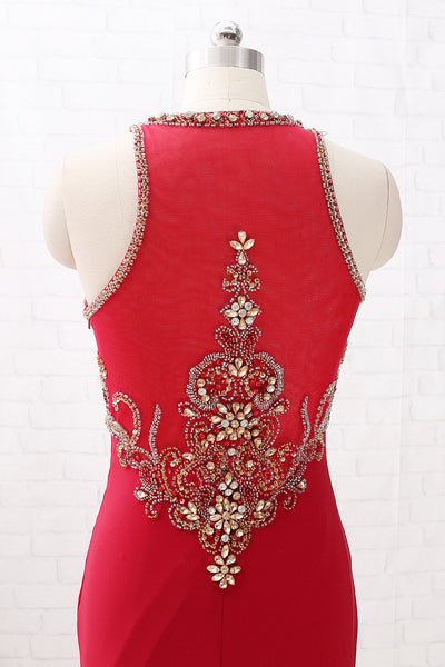 MACloth Straps O Neck with Beaded Jersey Prom Dress Burgundy Formal Evening Gown with Slit