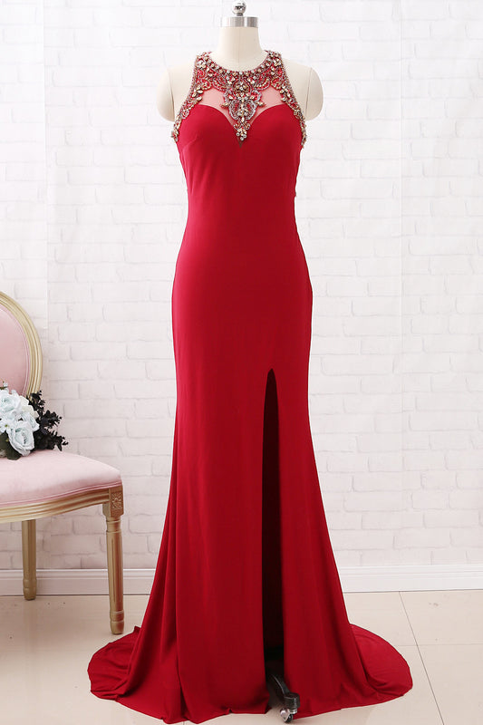 Vestido de fiesta de jersey con cuentas y tirantes MACloth, escote redondo, vestido de noche formal color burdeos con abertura