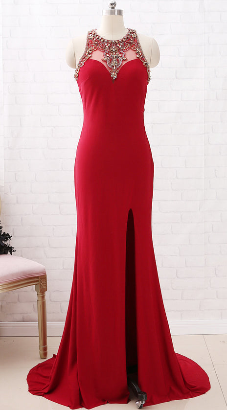 MACloth Straps O Neck with Beaded Jersey Prom Dress Burgundy Formal Evening Gown with Slit