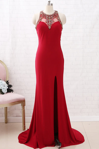 MACloth Straps O Neck with Beaded Jersey Prom Dress Burgundy Formal Evening Gown with Slit