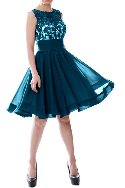 MACloth Women Beaded Lace Chiffon Short Prom Formal Dress Cocktail Party Gown