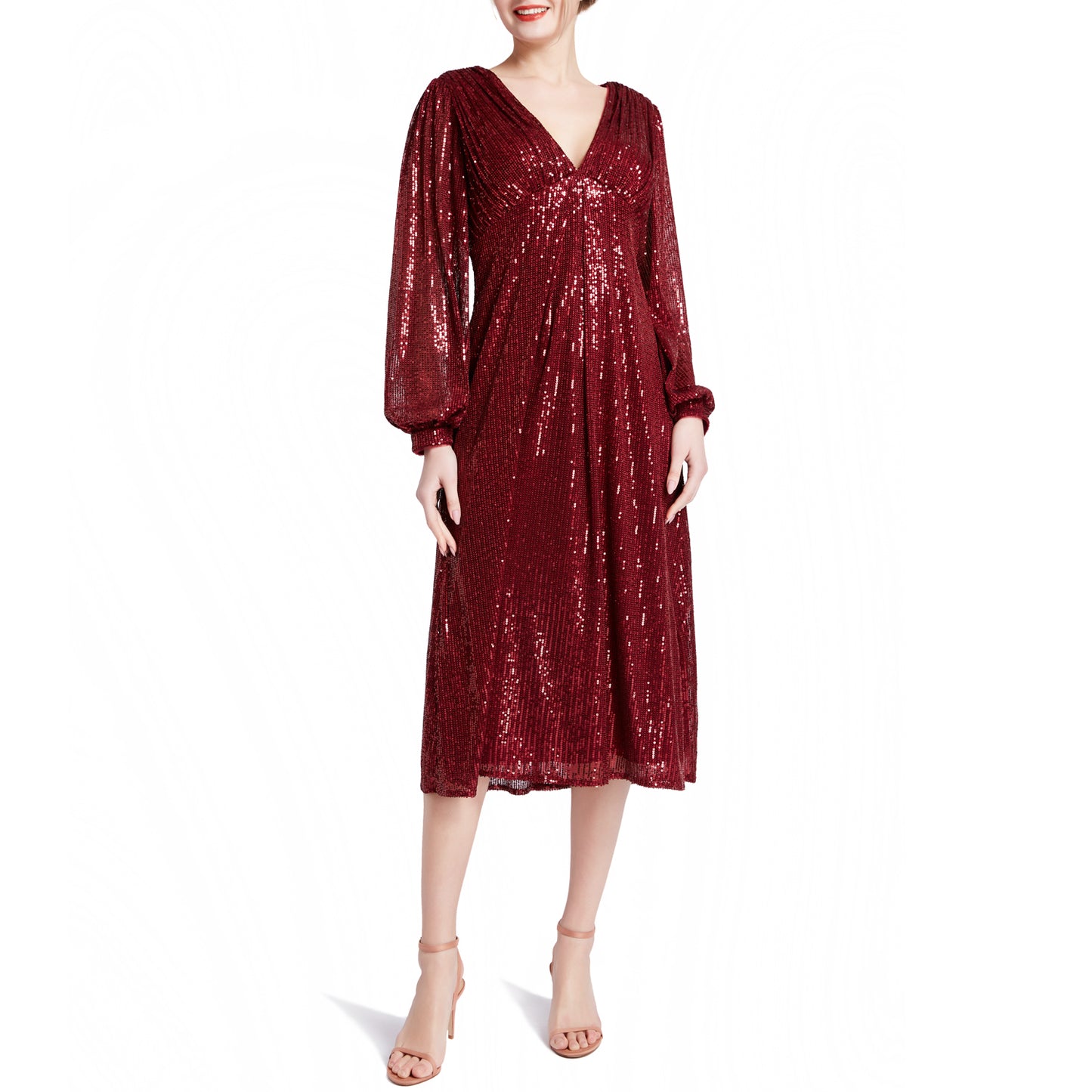 MACloth Women Tea Length Long Puff Sleeve Empire Sequin Cocktail Party Dresses