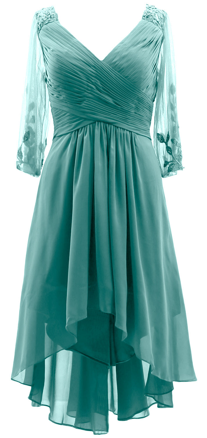 MACloth Damen Abendkleid mit V-Ausschnitt, High Low, für die Brautmutter, mit Ärmeln