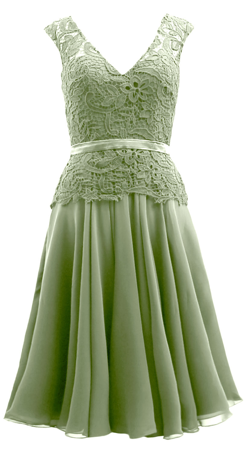 MACloth Women V Neck Lace Chiffon Party Formal Gown Midi Mother of Bride Dress