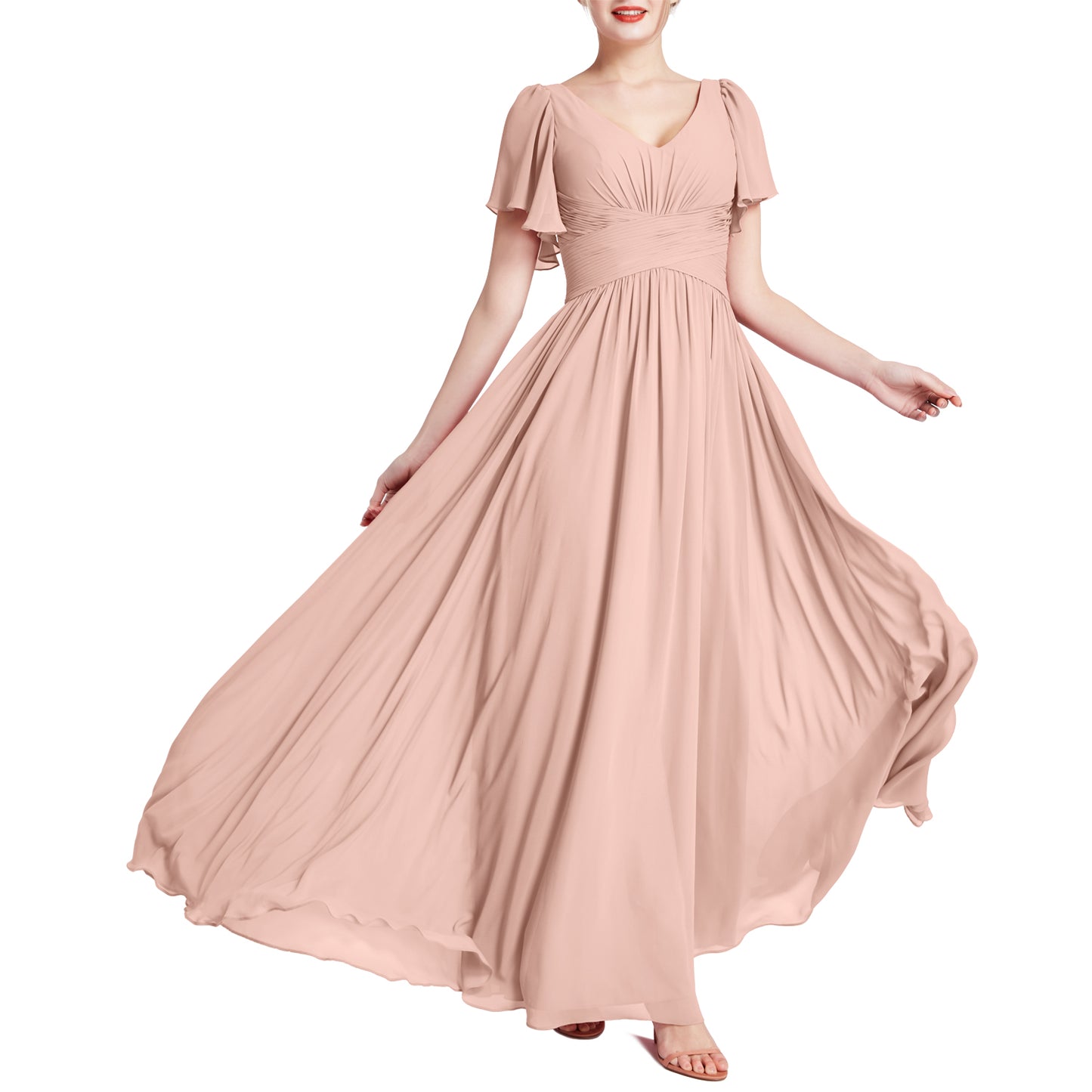 MACloth Vestidos de dama de honor románticos para fiesta de boda con cuello en V y manga corta para mujer