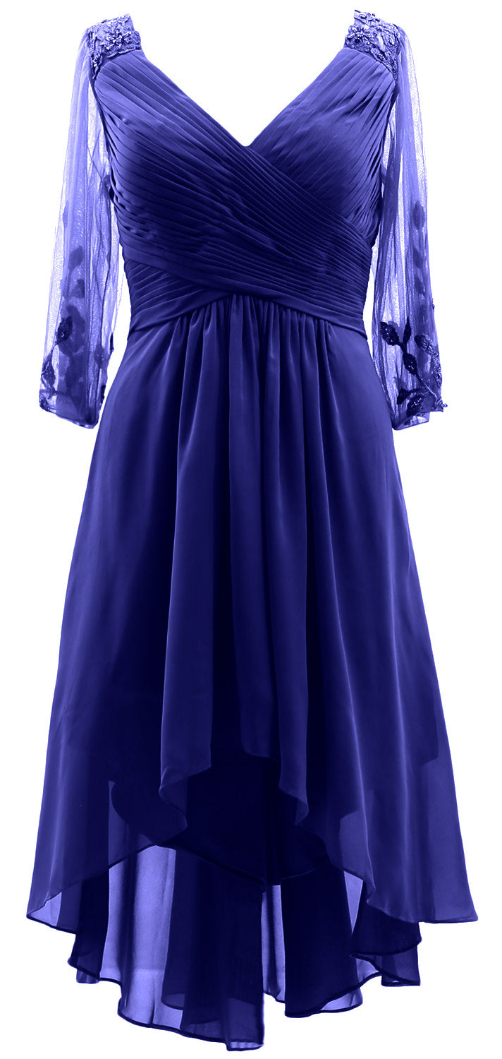 MACloth Damen Abendkleid mit V-Ausschnitt, High Low, für die Brautmutter, mit Ärmeln