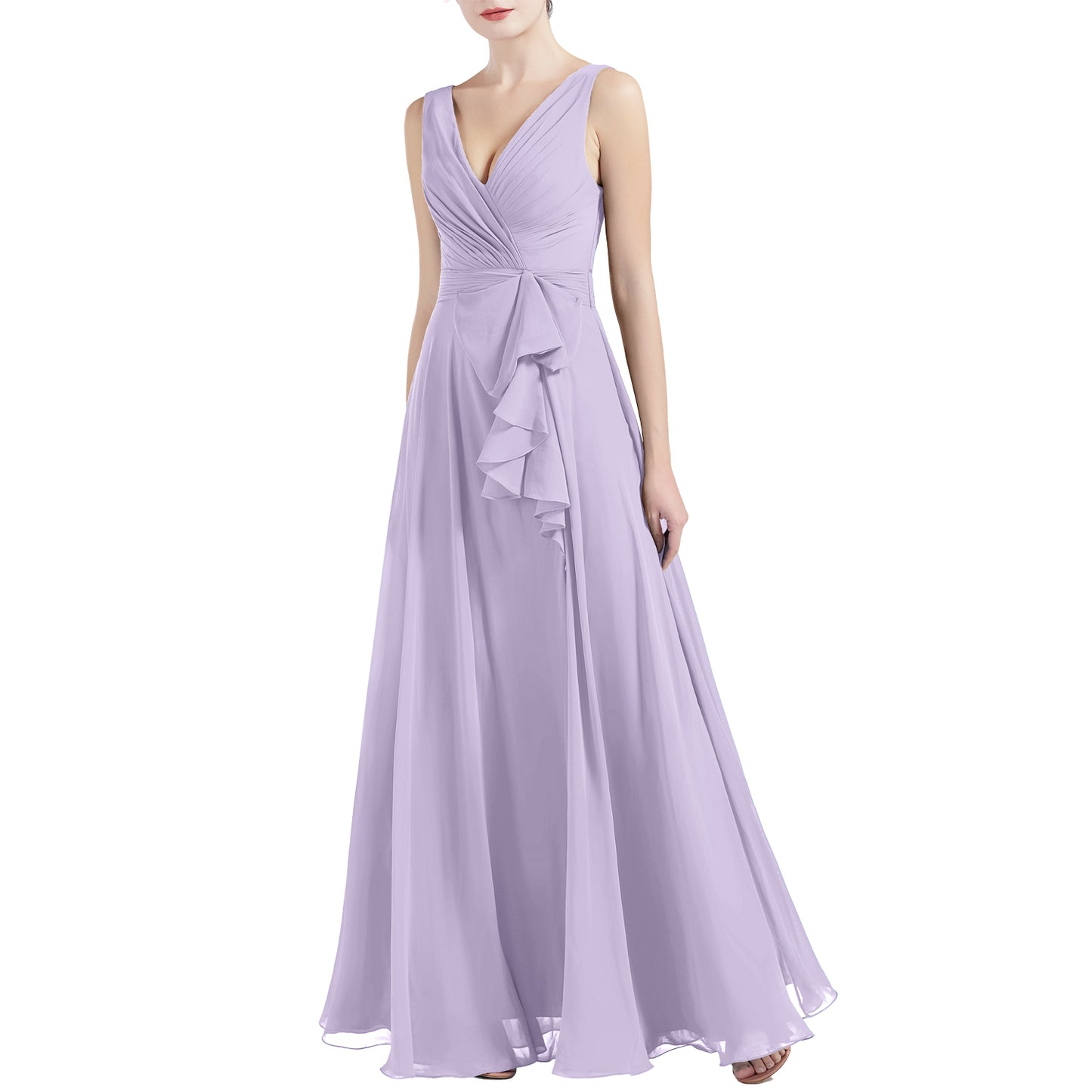 MACloth Women V Neck Long Pleated A Line Wedding Party Bridesmaid Dresses Slit