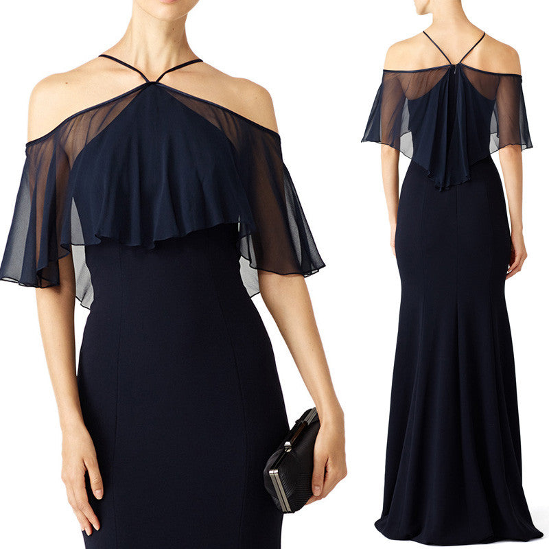 Vestido de noche de jersey de gasa con volantes y hombros descubiertos de MACloth, vestido de fiesta sencillo en azul marino oscuro