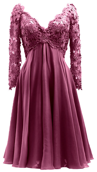 MACloth Women Long Sleeves Short Mother  Bride Dresses V Neck Cocktail Party
