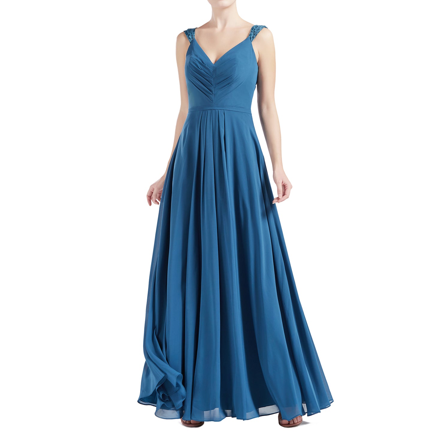 MACloth Women V Neck Lace Chiffon A Line Maxi Wedding Party Bridesmaid Dresses