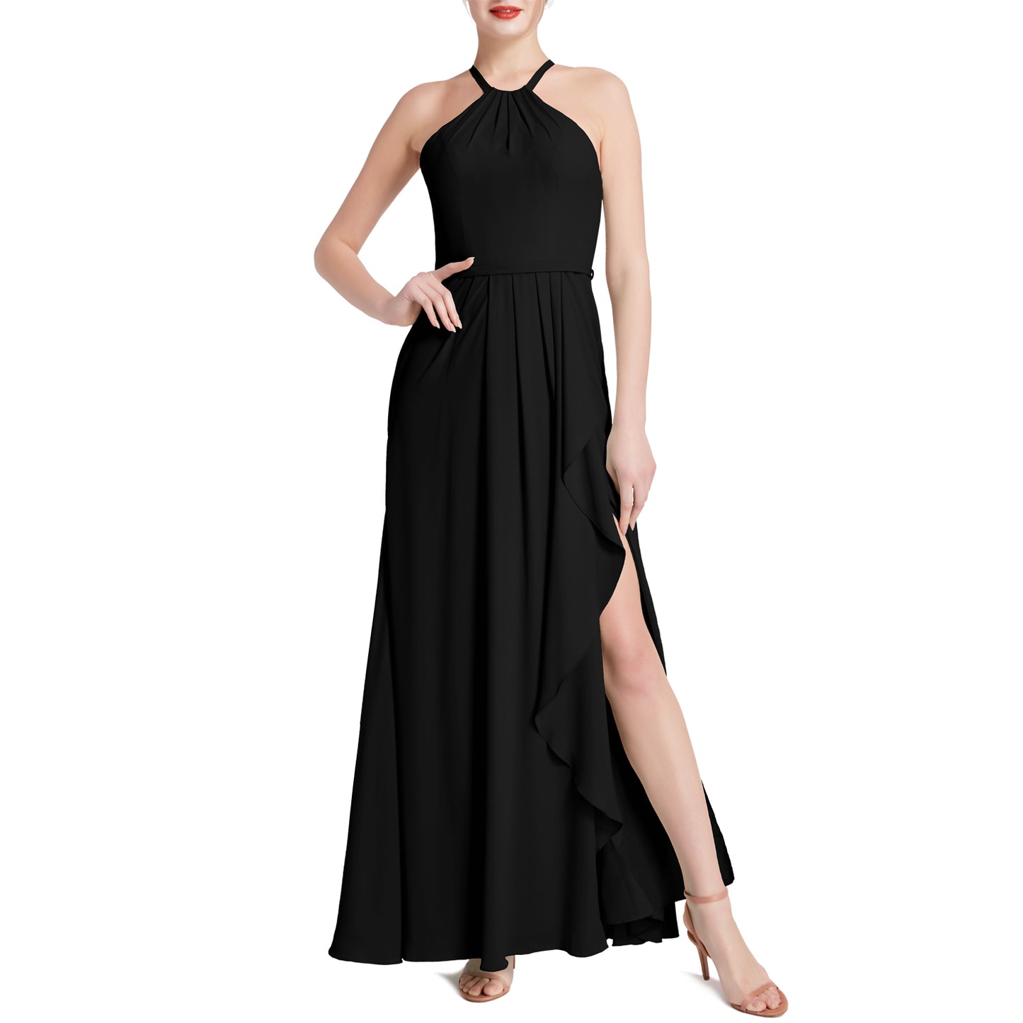 MACloth Damen Neckholder Langes Maxikleid für Hochzeit, Party, Brautjungfern, mit drapiertem Schlitz