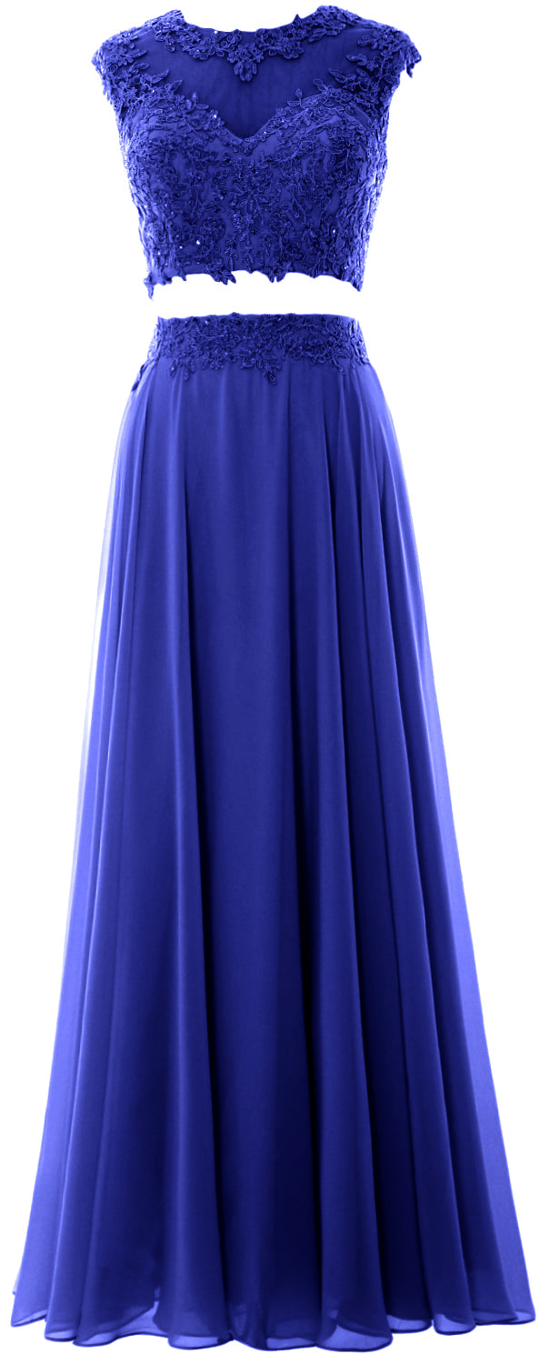 MACloth Vestido largo de fiesta de 2 piezas para mujer, de gasa con encaje, vestido formal de noche para fiesta