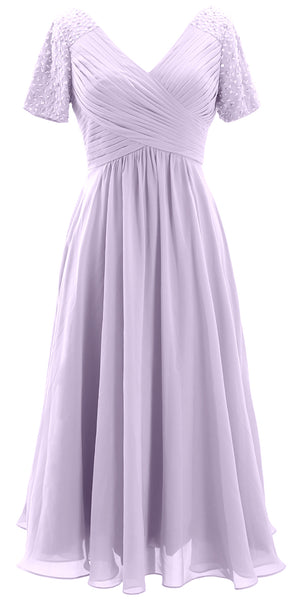 MACloth Women Midi Mother Bride Dresses Short Sleeves Wedding Guest Tea Length