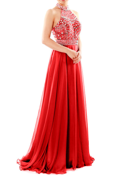 MACloth Women Halter High Neck Sleeveless Long Prom Party Dress Evening Gown