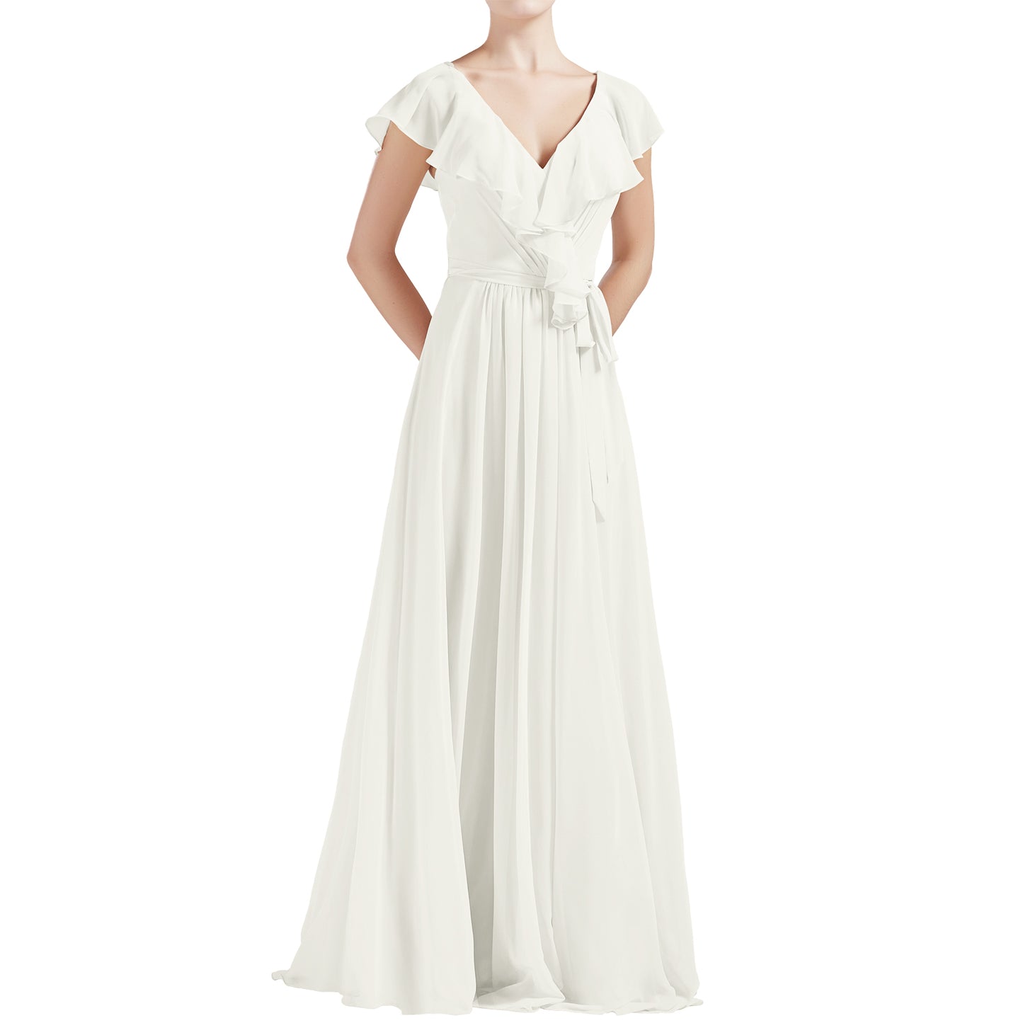 MACloth Women V Neck Ruffle Cap Sleeves Long Bridesmaid Dresses