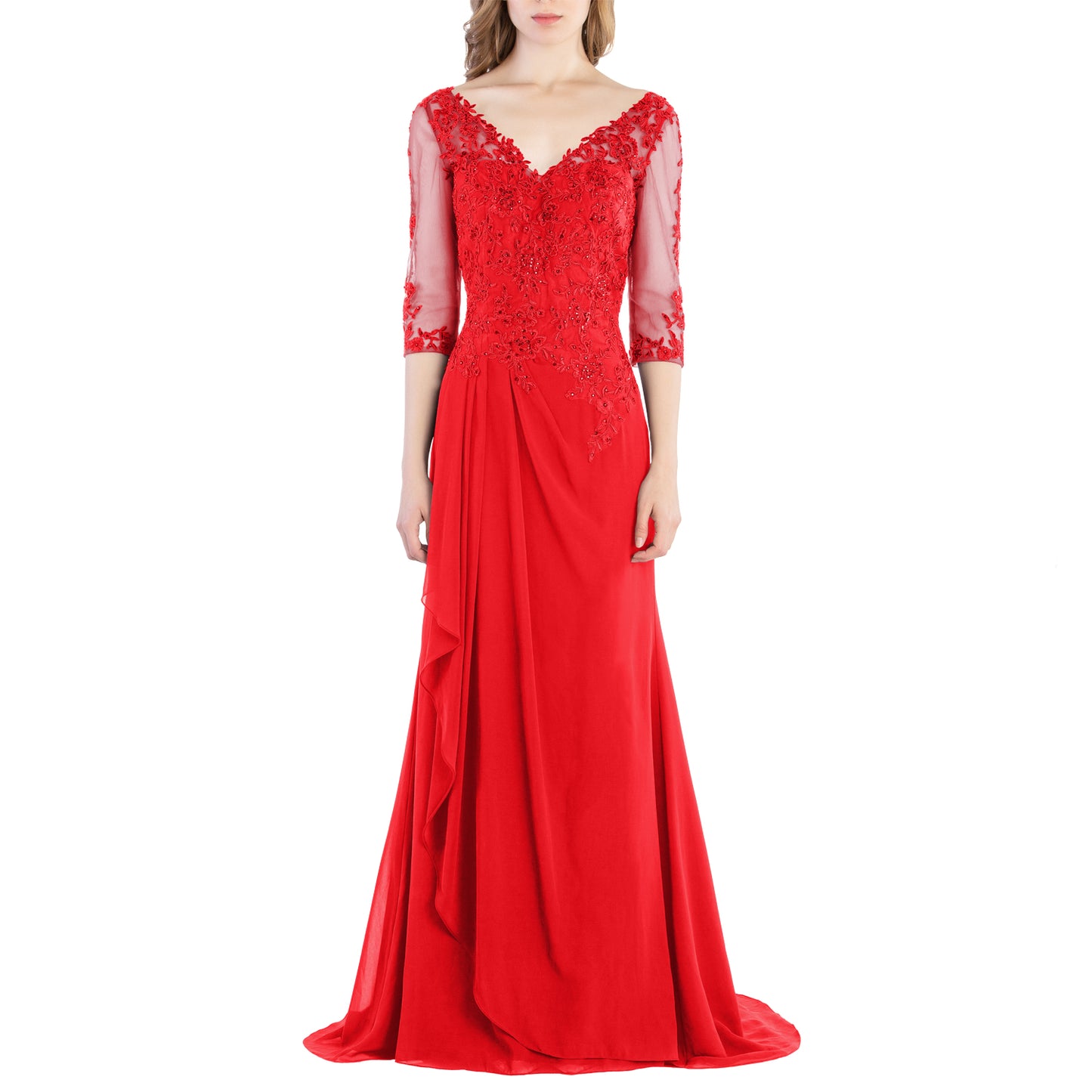 Vestido de novia largo de encaje con escote en V y mangas 3/4 de MACloth para madre de la novia y dama de honor